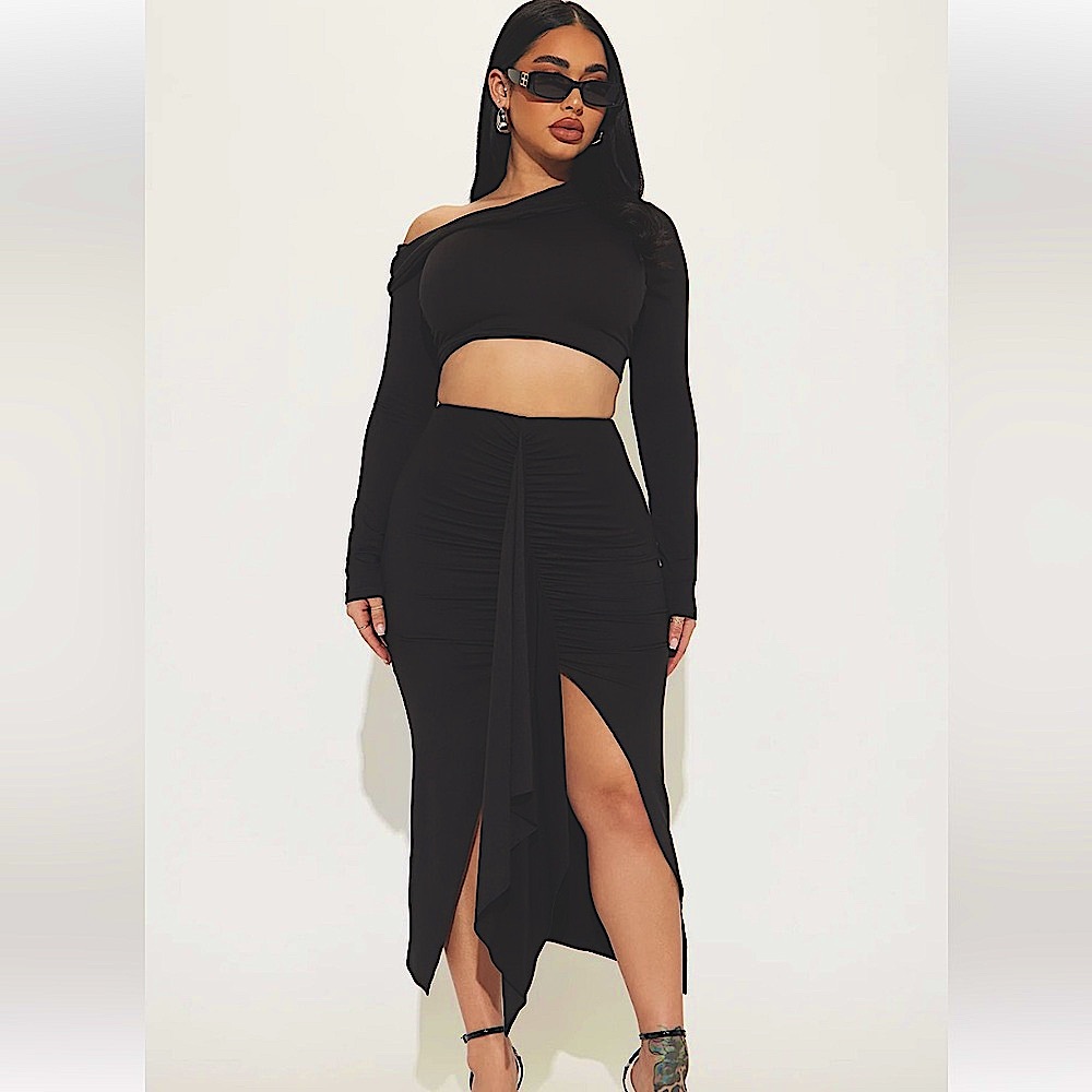NWT Black two piece skirt set asymmetrical maxi off the shoulder